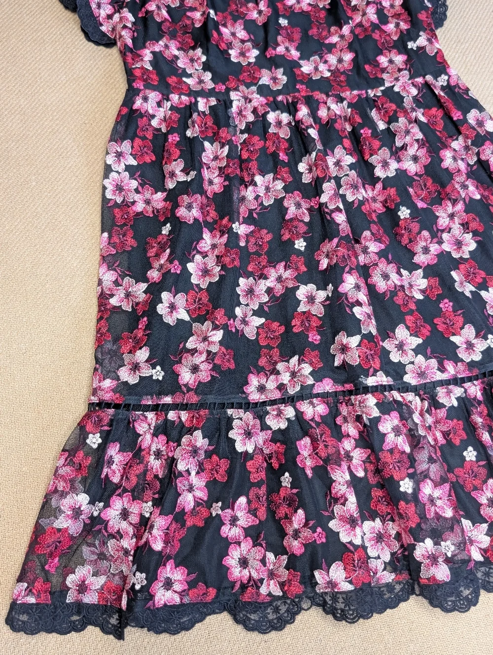 Kate Spade Black and Pink Floral Embroidered Tulle Flutter Sleeve Mini Dress